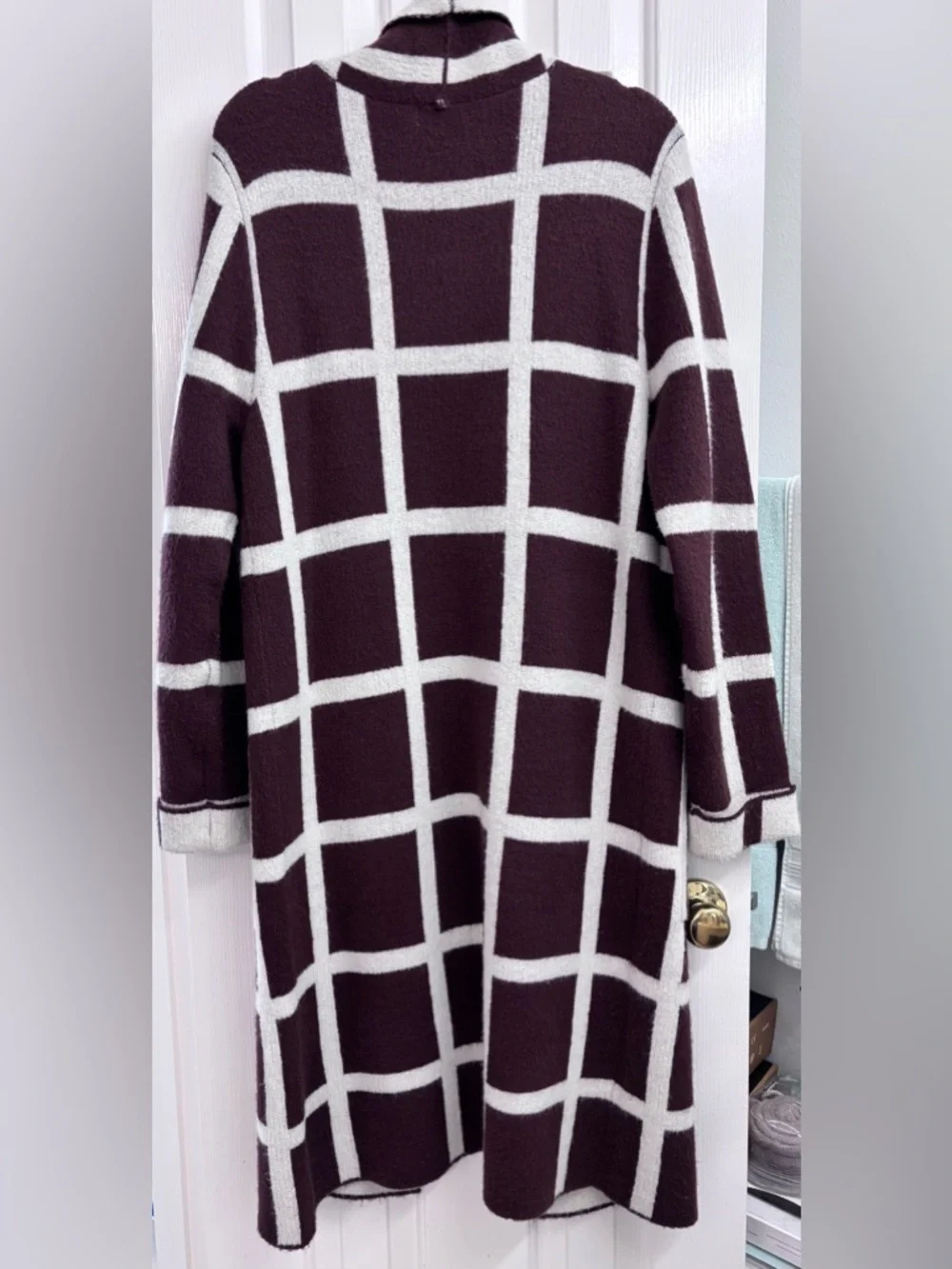 Lost + Wander Grid Plaid Open-Front Long Cardigan in Brown and Cream - SIZE M/L - Picture 13 of 14